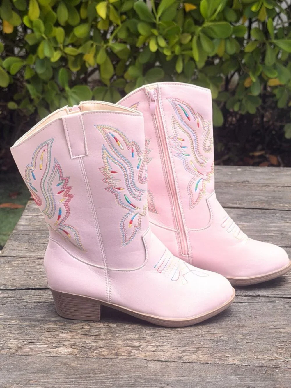 Kids Western Cowgirl Boots Girls Cowboy Boots Round Toe Pink Rainbow Stitch sz 1